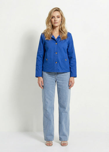 Veste boite en coton, avec col claudine Bleu Dur