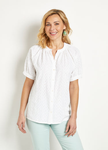 Chemisier ample coton brodé sans col Blanc