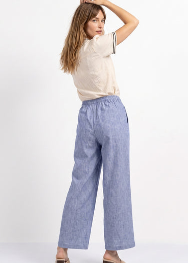 Pantalon large chiné élastiqué avec lin Bleu