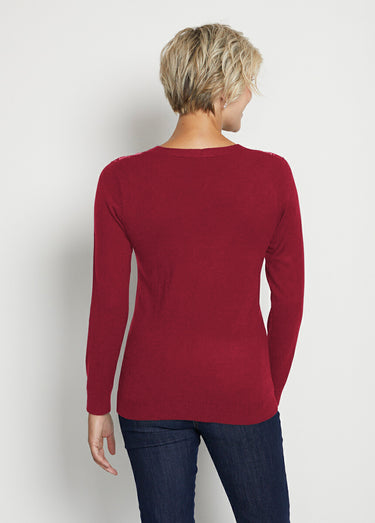 Pull col V strassé manches longues Bordeaux