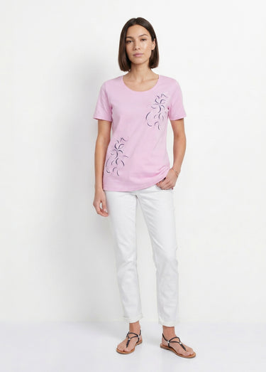 T-shirt long broderie placée fleurs Rose