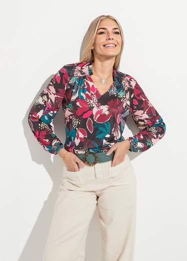 T-shirt col montant imprimé fleurs Imprime Fuchsia