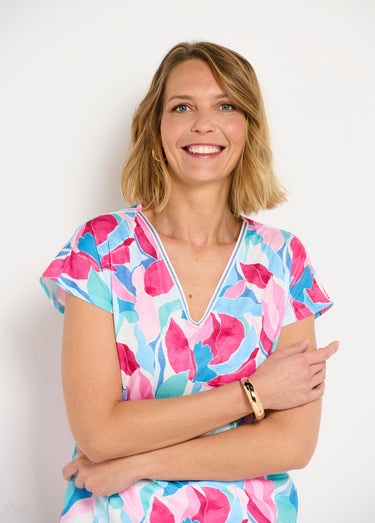 T-shirt court col V brillant imprimé Bleu/Rose