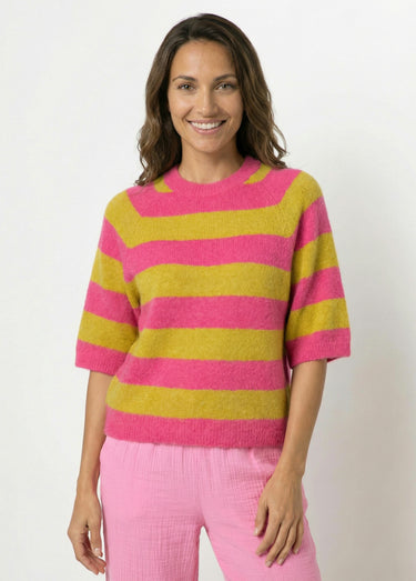 Pull rayé manches courtes avec laine Fuchsia/Vert olive