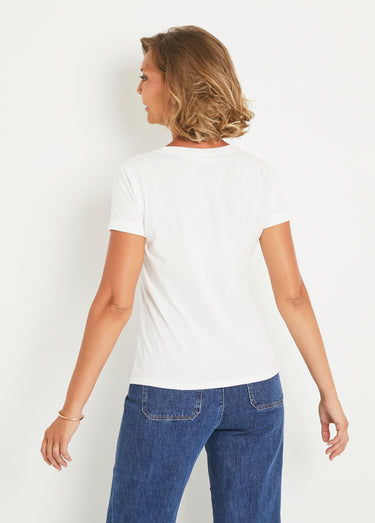 T-shirt col rond broderie coeur poitrine Blanc