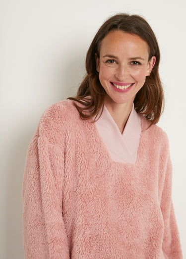 Pyjama uni chaud col V manches longues peluche Vieux Rose