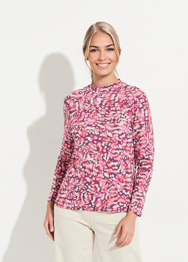 Sous-pull imprimé col montant manches longues Prune/Rose
