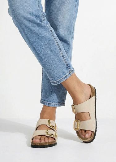 Mules ergonomiques compensées cuir à boucles Beige
