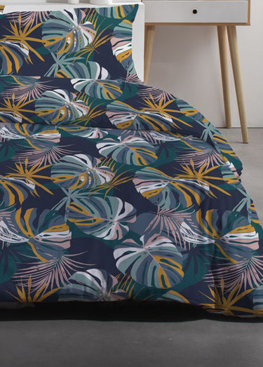 Parure pur coton 240 x 220cm, Feuillage Bleu turquoise
