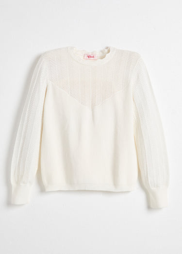 Pull doux col rond manches longues blousantes Ecru