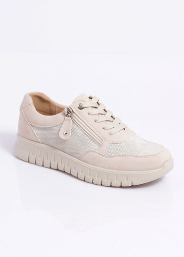 Baskets bi-matière lacées et zippées largeur confort Beige