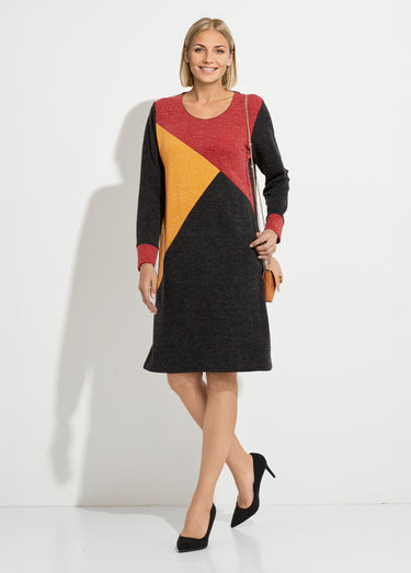 Robe courte droite maille chaude col rond Noir/Jaune