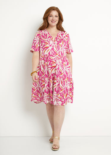 Robe col V boutonnée imprimée manches courtes Rose / Blanc
