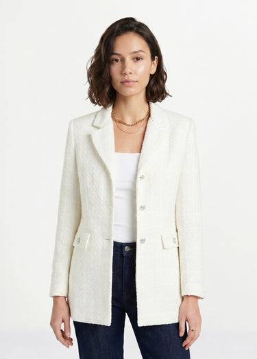 Veste droite boutonnée tissu natté col tailleur Ivoire