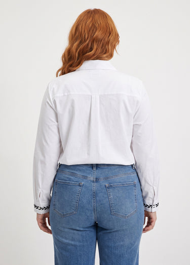 Chemisier popeline coton avec broderies Blanc/Marine