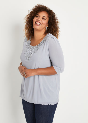 T-shirt long ample résille brodée Argent
