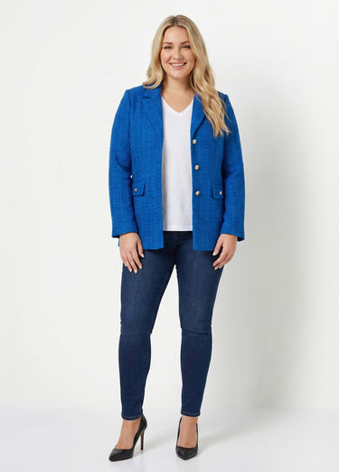 Veste droite boutonnée tissu natté col tailleur Bleu Dur