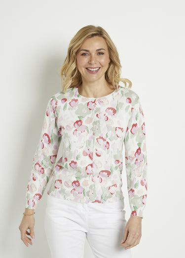 Gilet cardigan doux col rond boutonné Vert/Coquelicot