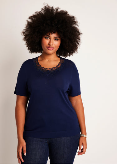 Pull fin brodé manches courtes Marine