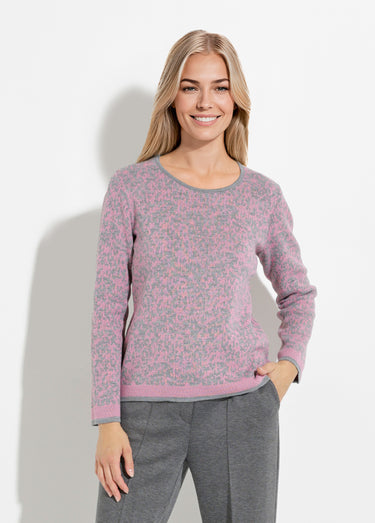 Pull jacquard col rond manches longues Rose/Gris