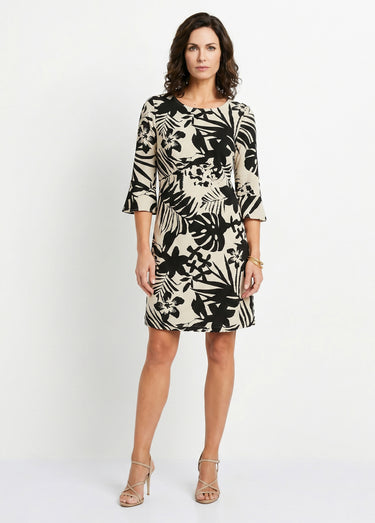 Robe droite courte fleurie fluide Noir/Beige
