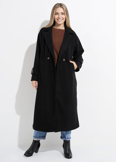 Manteau long chic façon drap de laine Noir