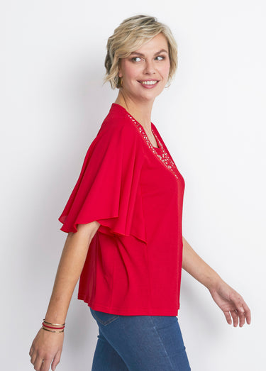 Tee-shirt bi-matière manches 3/4 papillon Rouge