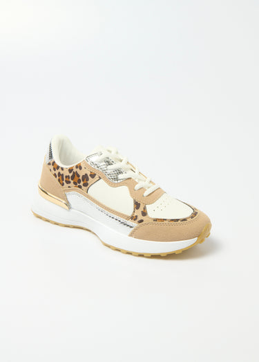 Baskets multimatières détails métallisés Leopard Blanc