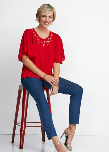 Tee-shirt bi-matière manches 3/4 papillon Rouge