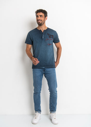 T-shirt col tunisien chiné avec motif Marine