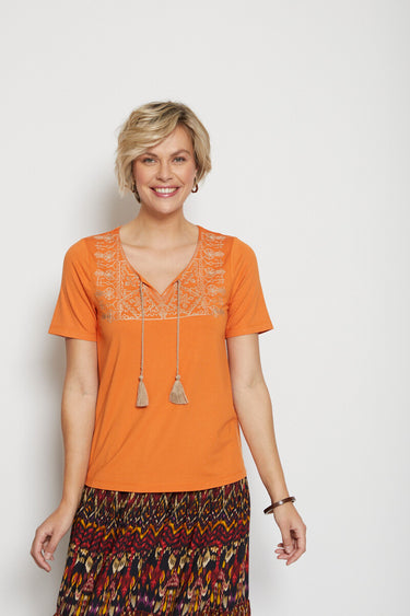 T-shirt brodé droit lien pompoms Orange