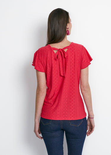 Tee-shirt manches papillon maille ajourée Framboise
