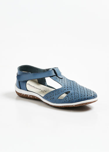 Ballerines confort cuir ajouré à scratch Bleu