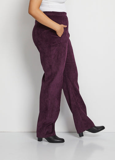 Pantalon droit taille élastiquée velours milleraies Prune