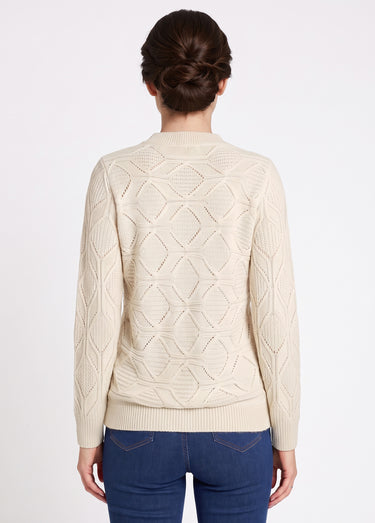 Pull tunique mi long uni col rond maille ajourée Ecru