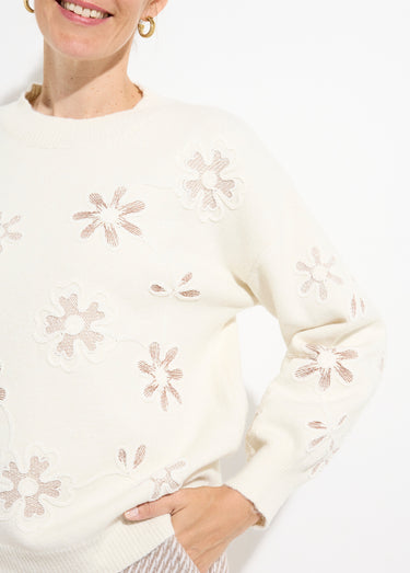 Pull montant application fleurs brodées Beige
