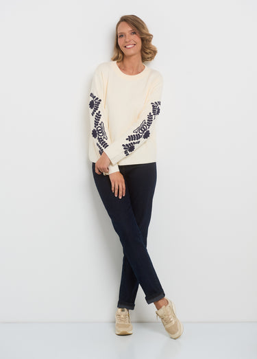 Pull manches avec broderies fantaisie Ecru
