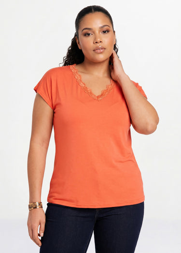 T-shirt court extensible dentelle Orange
