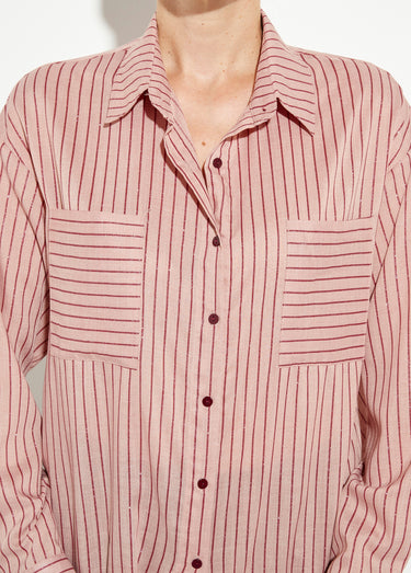 Chemisier rayures pailletées, voile fin Rose/Bordeaux