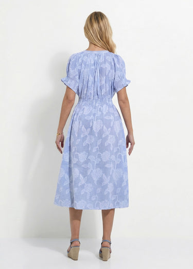 Robe longue smocks coton rayures et jacquard Bleu / Blanc