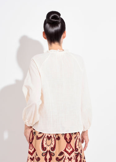 Blouse ample col V fantaisie lien à nouer Beige