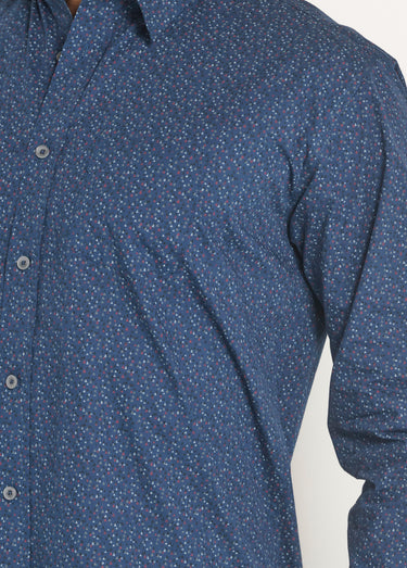 Chemise coton micro motif manches longues Marine