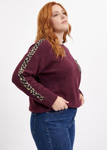 Pull maille avec laine et détails léopard Bordeaux