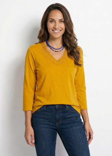 T-shirt manches 3/4 coton et macramé Miel