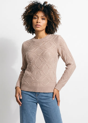 Pull tunique mi long uni col rond maille ajourée Beige Rose