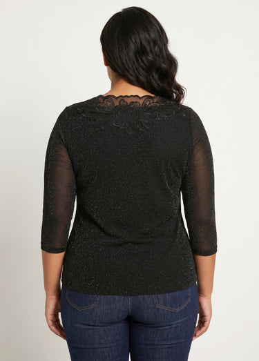 T-shirt manches 3/4 brodé brillant Noir