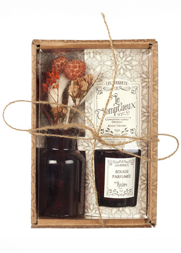 Coffret bougie parfumée + fleurs séchées bouquet Ambre