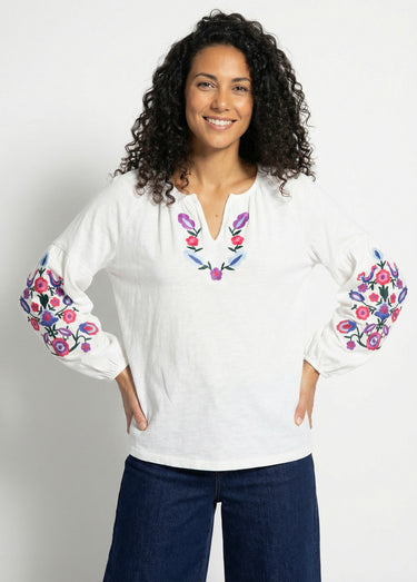 T-shirt long brodé manches longues Blanc