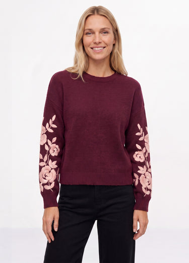 Pull col rond manches longues brodées Bordeaux