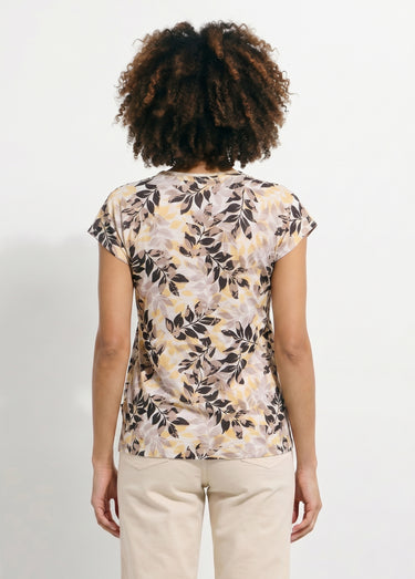 T-shirt manches courtes imprimé feuillage col rond Beige/Noir